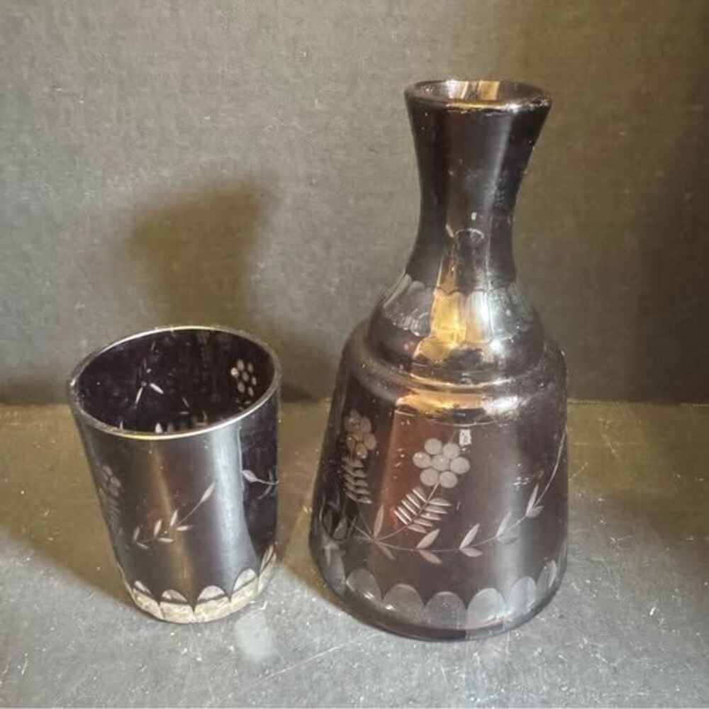 Vintage Etched Glass Carafe and Tumbler Set [Item 0416]